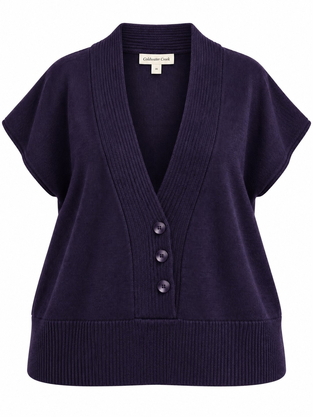 COLDWATER CREEK | Deep Purple V-Neck Boxy Short Sleeve Knit Sweater | 1X 16W 18W